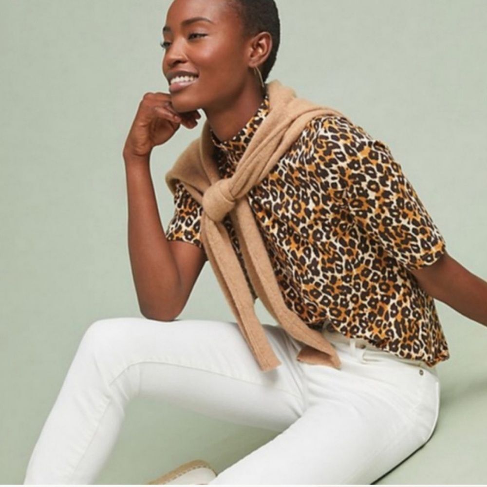 Anthropologie Leopard Cheetah Print Mock Neck Cotton Stretch Knit Top Size S